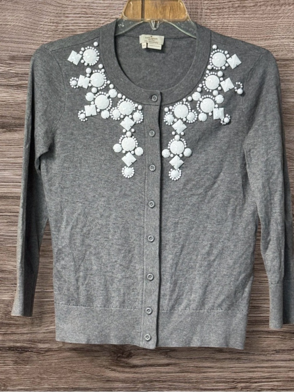 Kate Spade Cardigan Sweater Cotton Silk Cashmere Beaded Jewel Gray Size XS